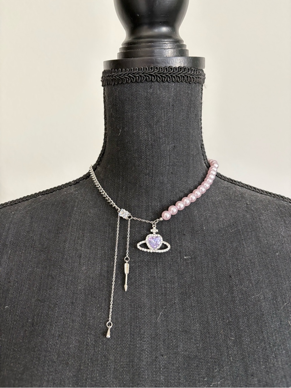 Purple Rhinestone Heart Halo Pearl Silver Chain Drop Necklace - 18"